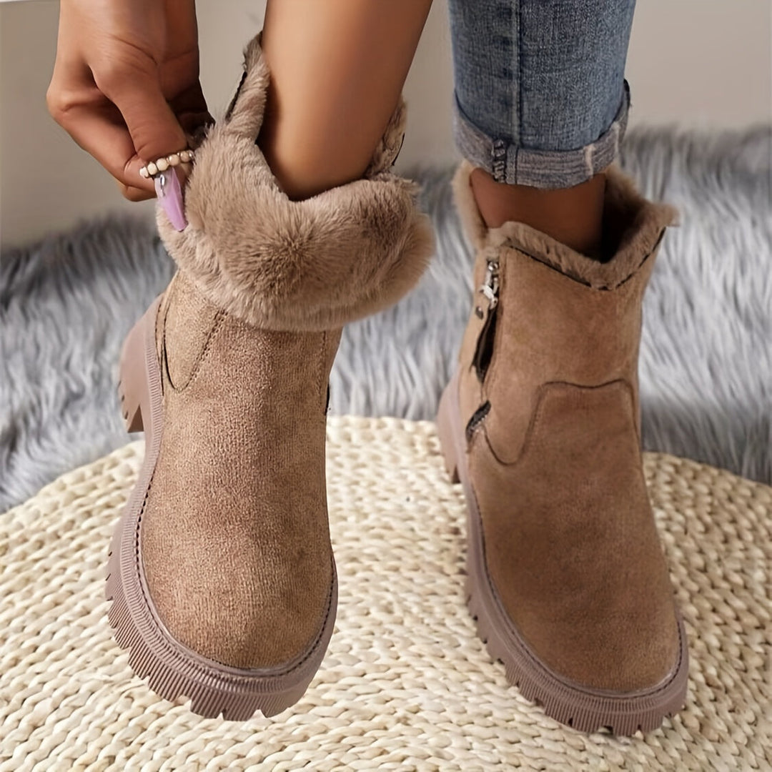 Elegant Suede Ankle Boots with Zipper and Faux Fur for Women | Ideal for Autumn/Winter