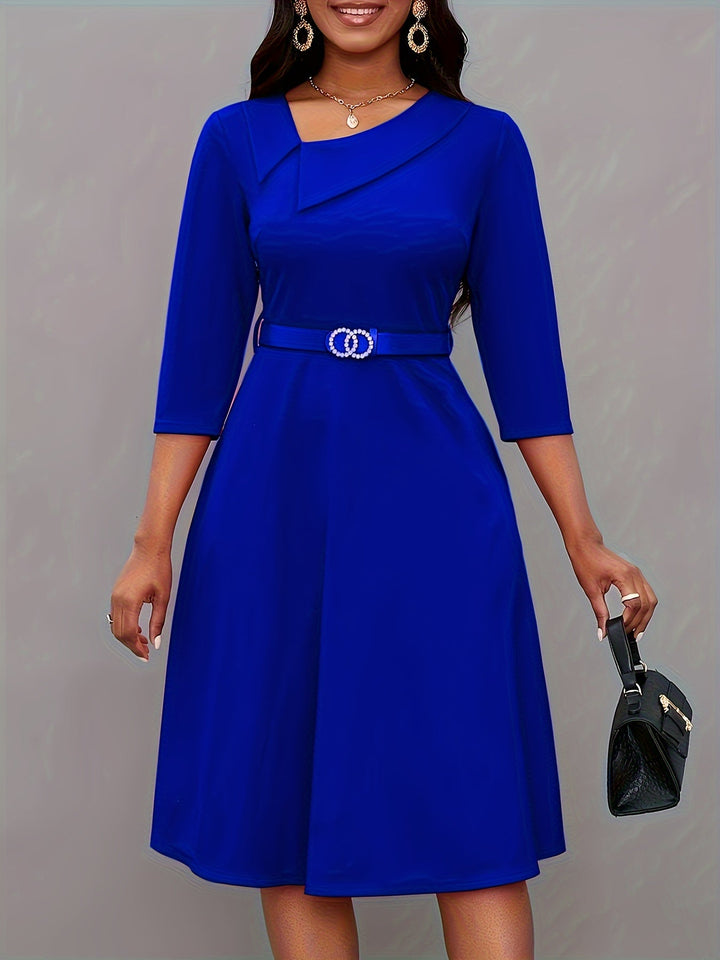 Stylish Solid Asymmetric Neck Belted 3/4 Sleeve Formal Dress for Women | Ideal for All Seasons