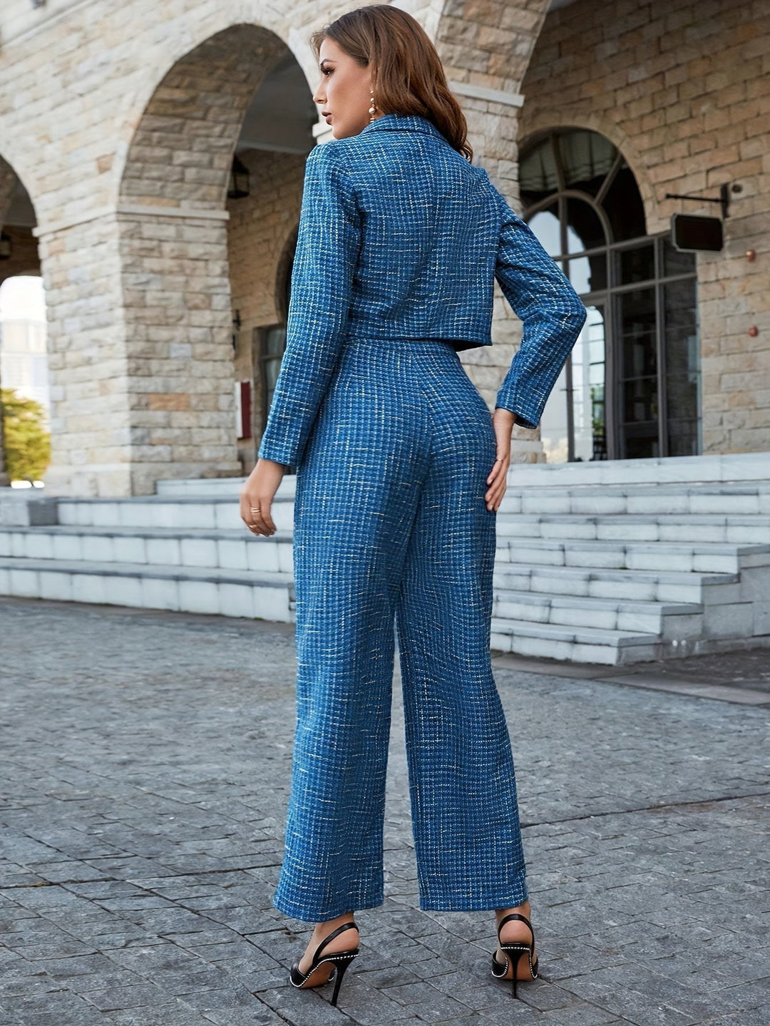 Stylish Tweed Crop Blazer And Pants Outfit Set for Women | Ideal for Autumn