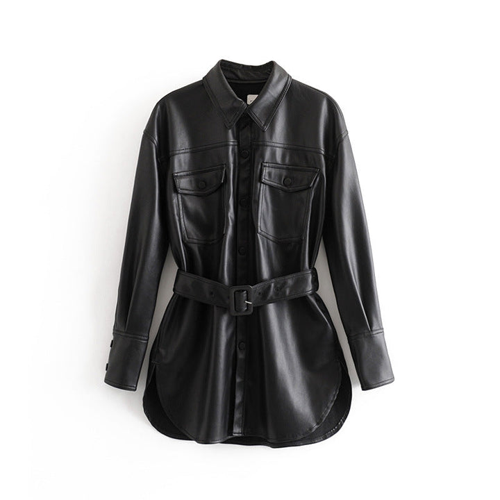 Casual Mid Length Leather Jacket with Belt for Women | Ideal for Autumn