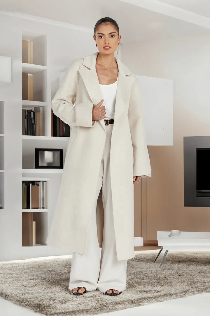 Women's Classic Woolen Long Trench Coat with Turn-Down Collar | Ideal for Autumn/Winter