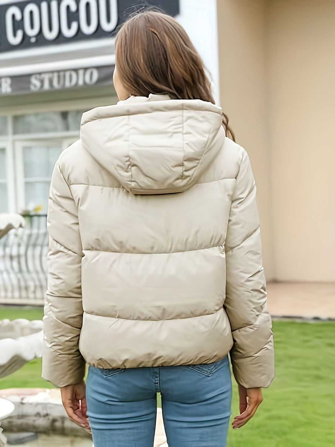 Women’s Casual Beige Solid Colour Polyester Padded Jacket | Ideal for Autumn/Winter