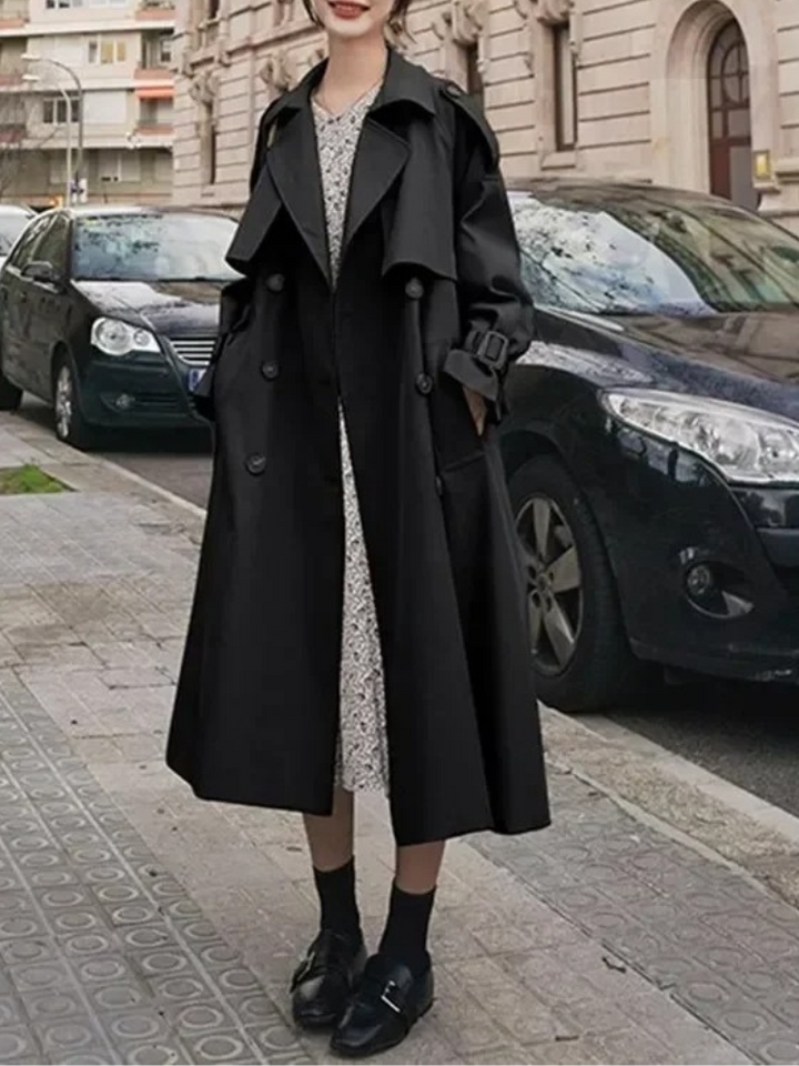 Women's Elegant Long Trenchcoat with Adjustable Belt and Puff Sleeves | Ideal for Autumn/Winter