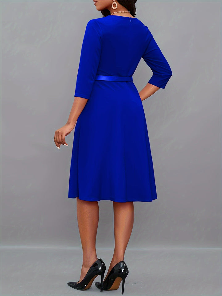 Stylish Solid Asymmetric Neck Belted 3/4 Sleeve Formal Dress for Women | Ideal for All Seasons