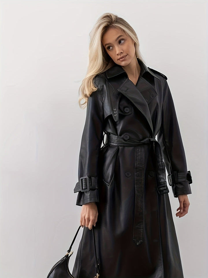 Women's Elegant Black Vegan Leather Trenchcoat | Ideal for Autumn/Winter