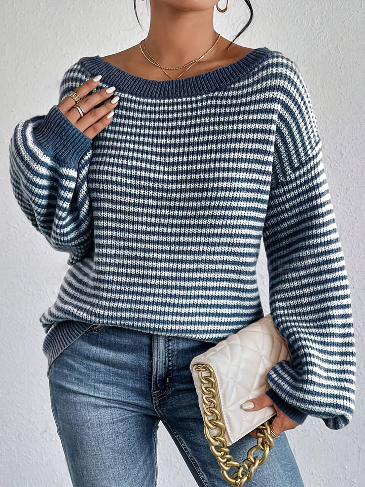 Casual Cotton Striped Off Shoulder Knit Sweater with Stretchy Fabric and Round Neck for Women | Ideal for Autumn