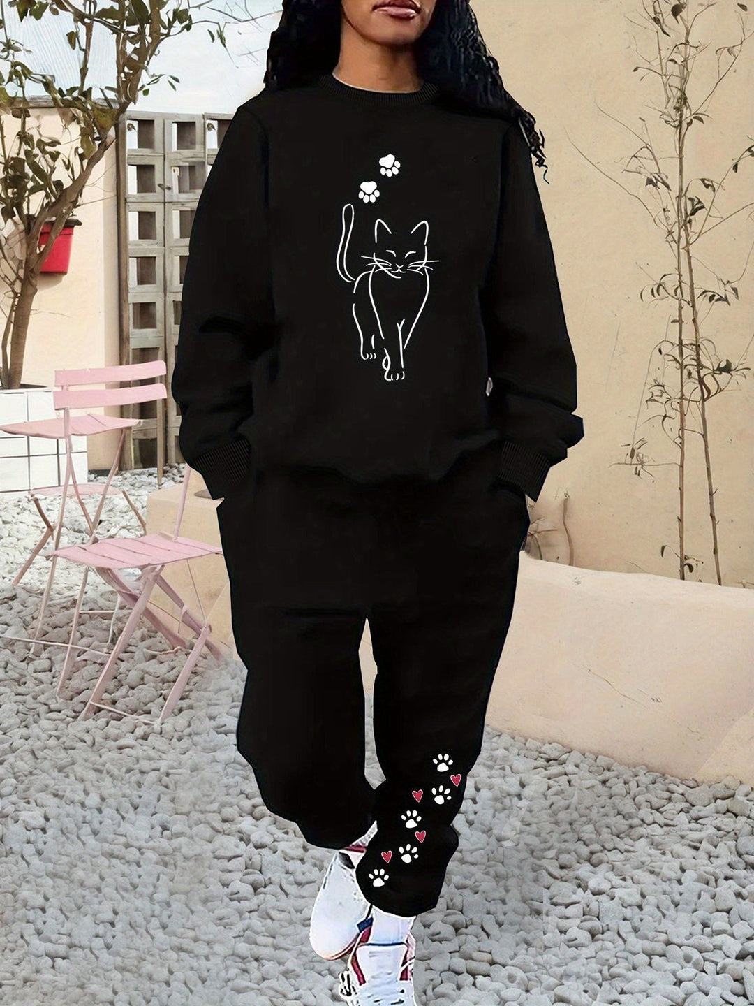 Women's Cotton Cat Print Sweater & Joggers Tracksuit Set | Ideal for Autumn/Winter