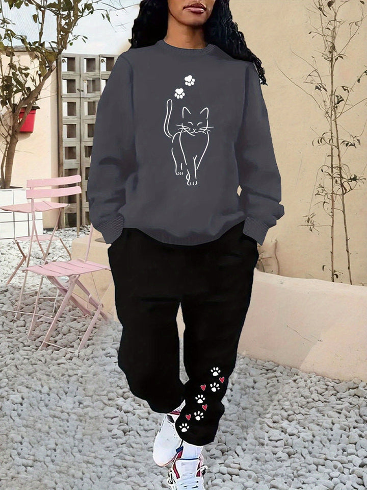 Women's Cotton Cat Print Sweater & Joggers Tracksuit Set | Ideal for Autumn/Winter