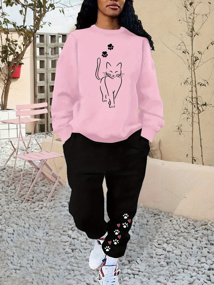 Women's Cotton Cat Print Sweater & Joggers Tracksuit Set | Ideal for Autumn/Winter