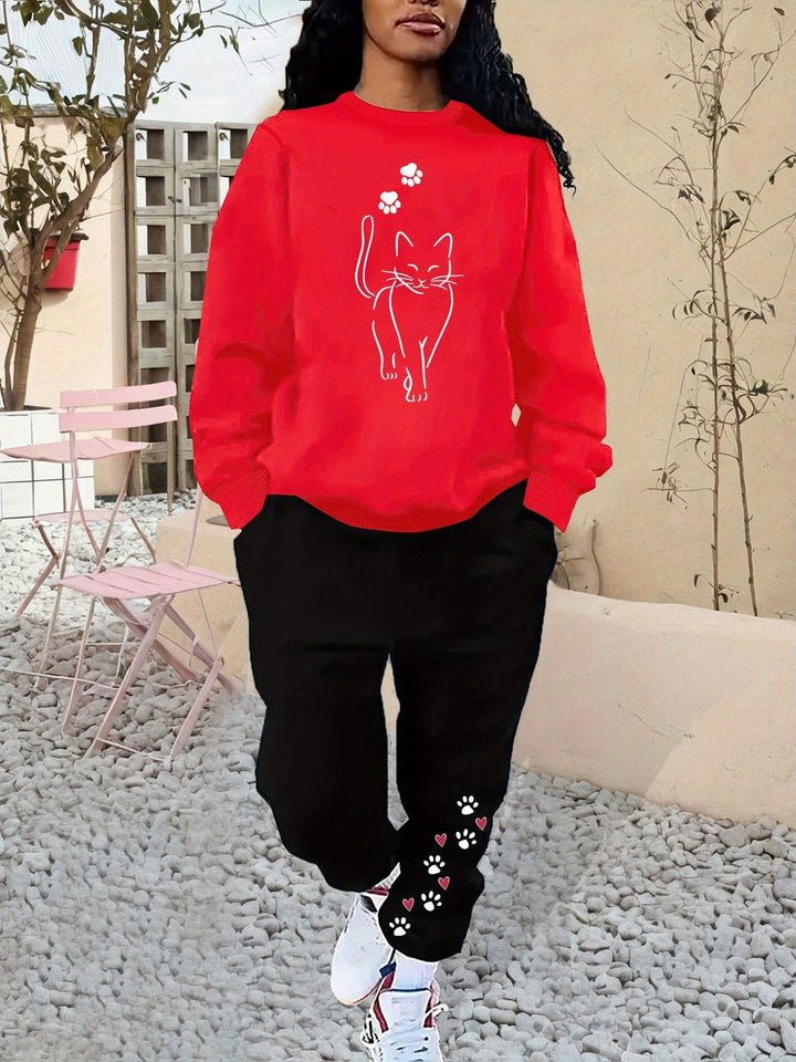 Women's Cotton Cat Print Sweater & Joggers Tracksuit Set | Ideal for Autumn/Winter