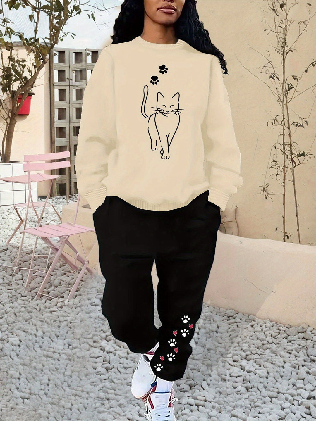 Women's Cotton Cat Print Sweater & Joggers Tracksuit Set | Ideal for Autumn/Winter