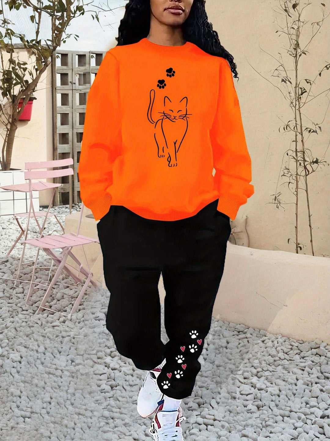 Women's Cotton Cat Print Sweater & Joggers Tracksuit Set | Ideal for Autumn/Winter