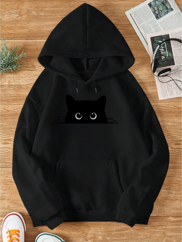 Elegant Sweat Pullover Hoodie with Cat Print and Hood for Women | Perfect for Casual Days