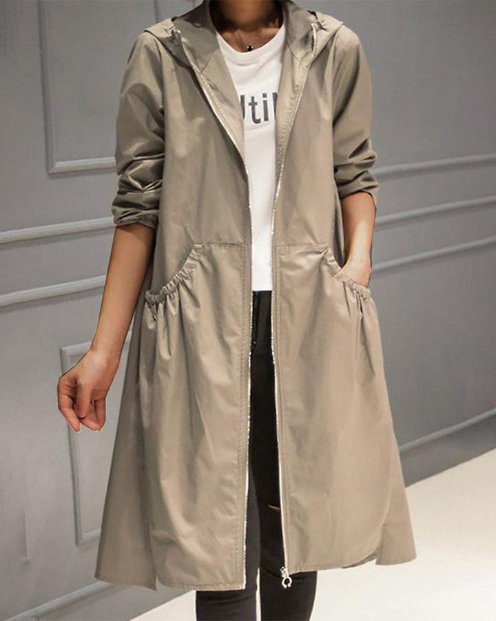 Women's Classic Windbreaker Trench Coat with Hood and Zipper | Ideal for Autumn/Winter