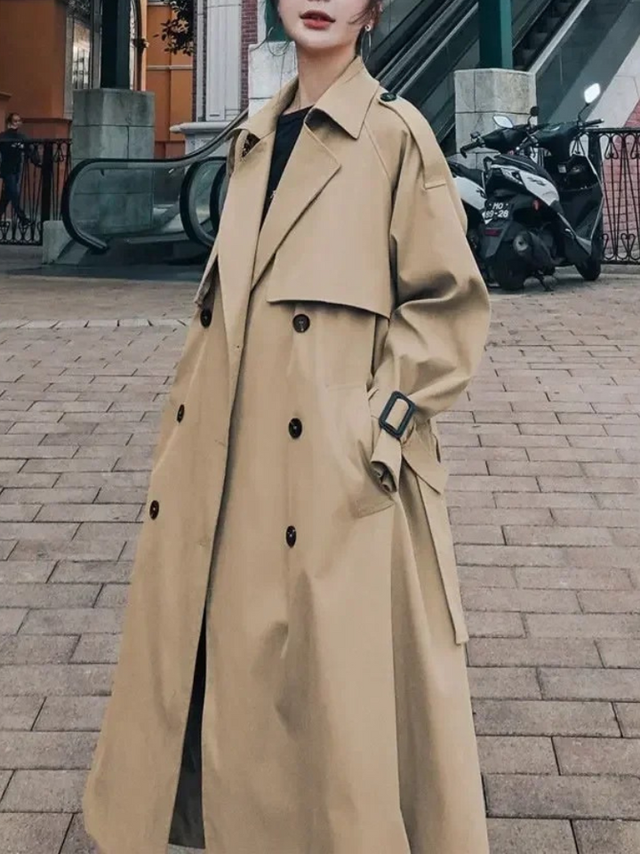 Women's Elegant Long Trenchcoat with Adjustable Belt and Puff Sleeves | Ideal for Autumn/Winter