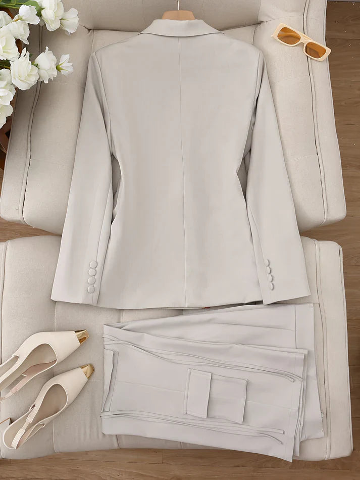 Casual Shawl Collar Blazer & Simple Straight Leg Pants Outfit Set for Women | Ideal for All Seasons