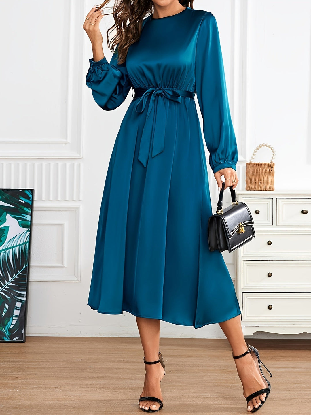 Casual Satin Crew Neck Tie Waist A-Line Long Sleeve Formal Dress for Women | Ideal for Autumn