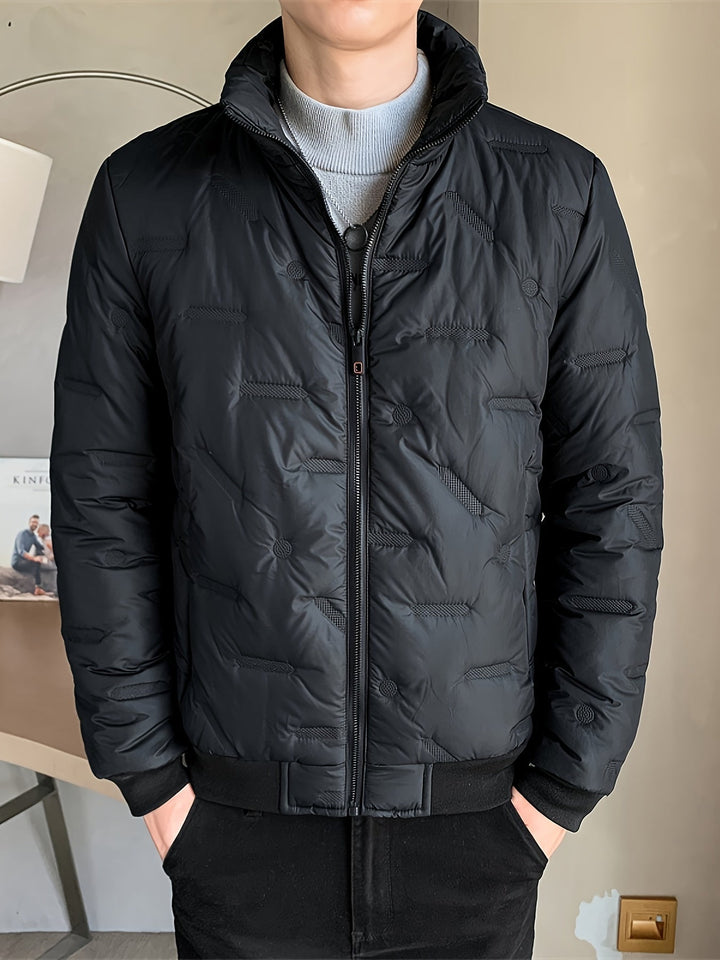 Casual Black Cotton Winter Jacket With Stand Collar And Zipper For Men | Ideal for Winter