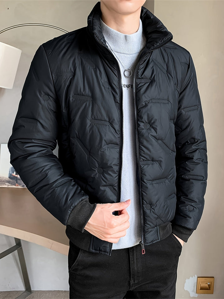 Casual Black Cotton Winter Jacket With Stand Collar And Zipper For Men | Ideal for Winter