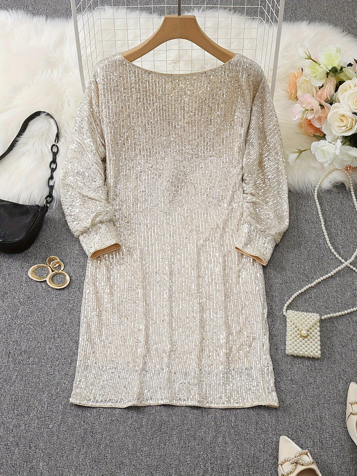 Casual Contrast Sequin V-Neck Long Sleeve Party Wear Formal Dress for Women | Ideal for Winter