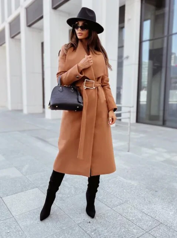 Women's Elegant Long Trench Coat with Belt and Turn-Down Collar | Ideal for Autumn/Winter