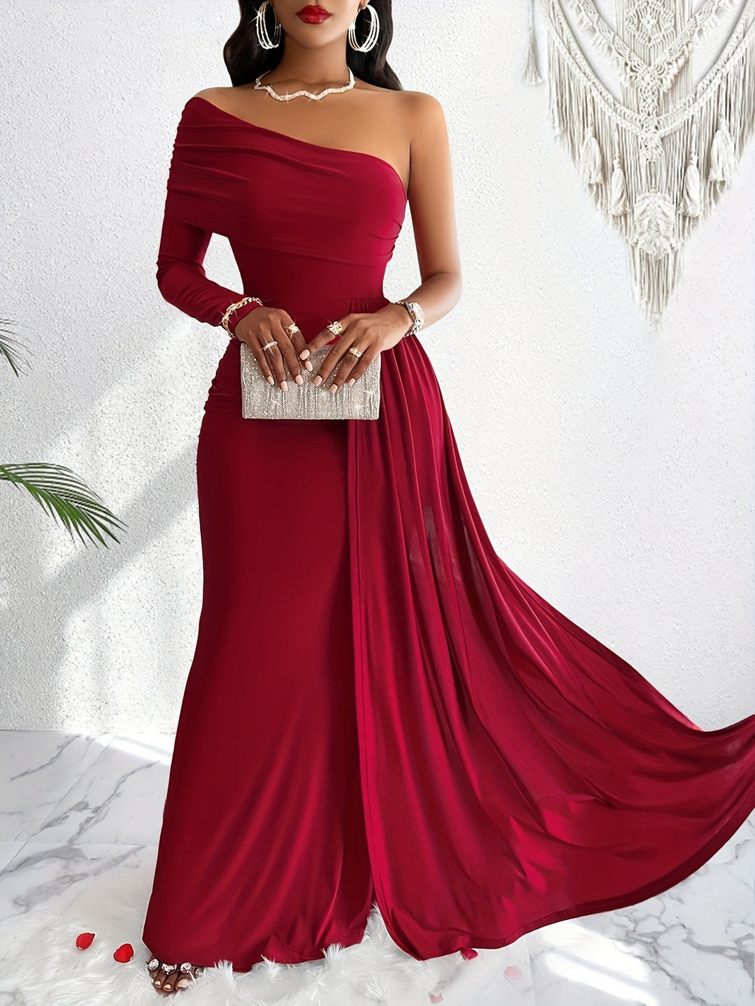 Stylish cotton One Shoulder Asymmetrical Flowy Ruched Maxi Formal Dress for Women | Ideal for Formal Occasions