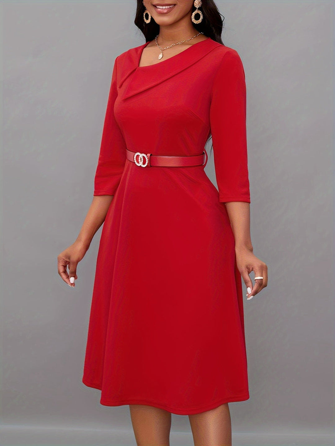 Stylish Solid Asymmetric Neck Belted 3/4 Sleeve Formal Dress for Women | Ideal for All Seasons