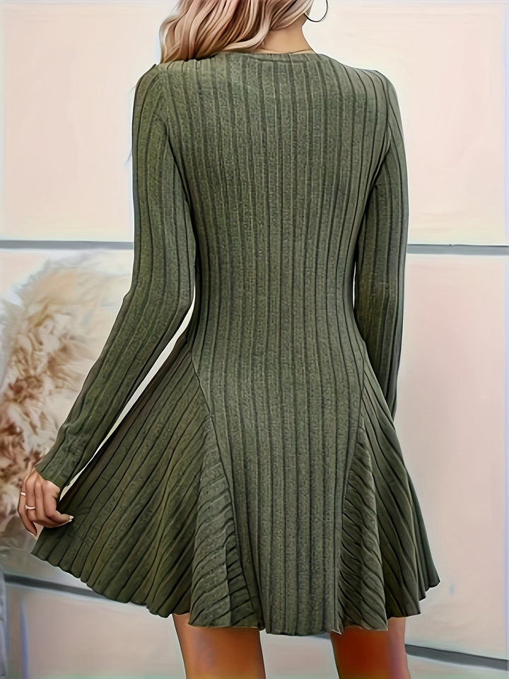 Stylish Ribbed V-Neck A-Line Long Sleeve Formal Dress for Women | Ideal for Autumn