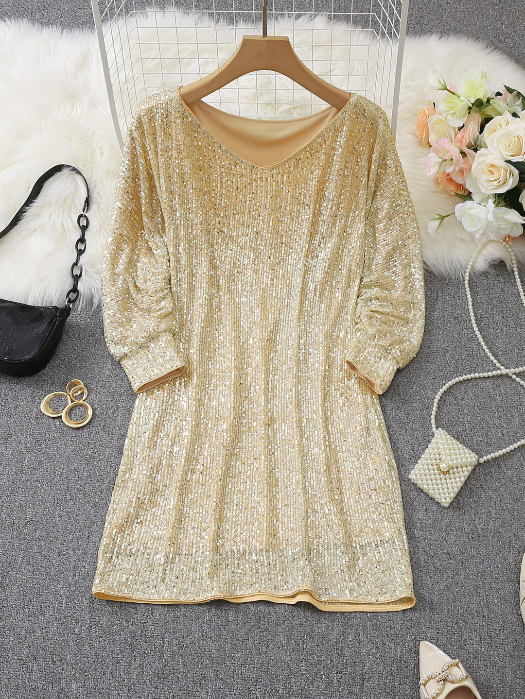 Casual Contrast Sequin V-Neck Long Sleeve Party Wear Formal Dress for Women | Ideal for Winter