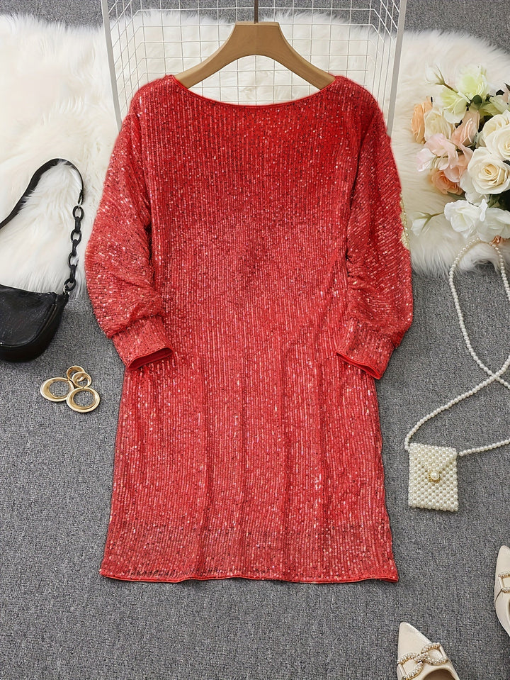 Casual Contrast Sequin V-Neck Long Sleeve Party Wear Formal Dress for Women | Ideal for Winter