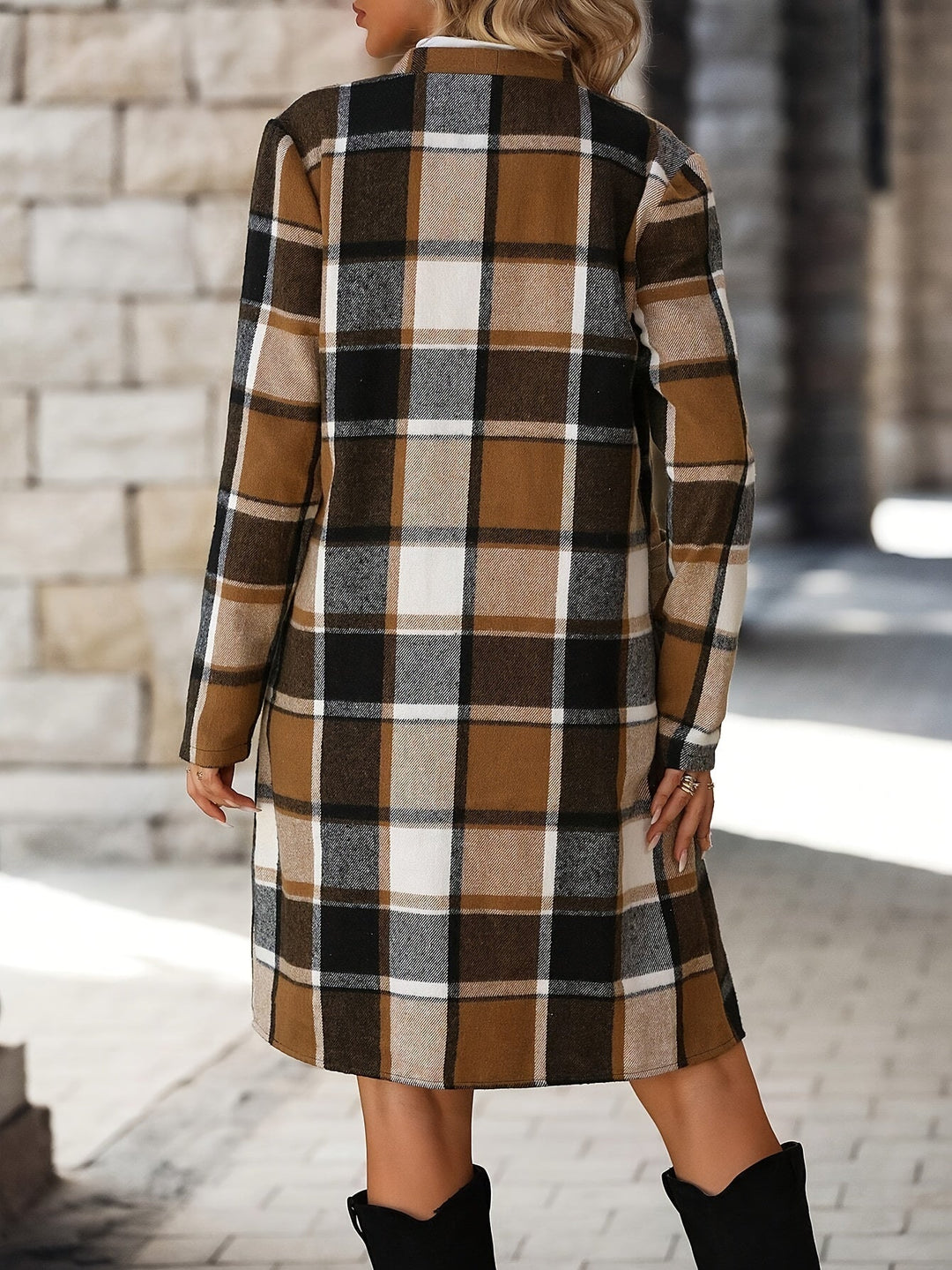 Casual Plaid Trench Coat with Open Front and Versatile Style for Women | Ideal for Autumn