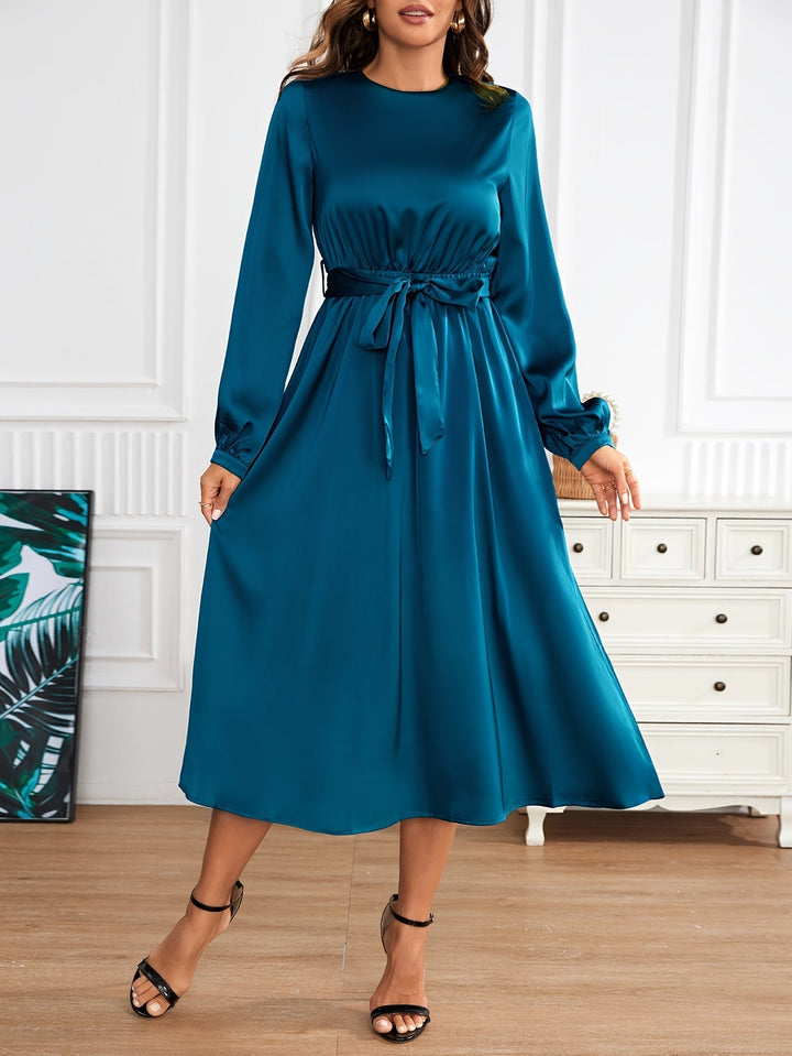 Casual Satin Crew Neck Tie Waist A-Line Long Sleeve Formal Dress for Women | Ideal for Autumn