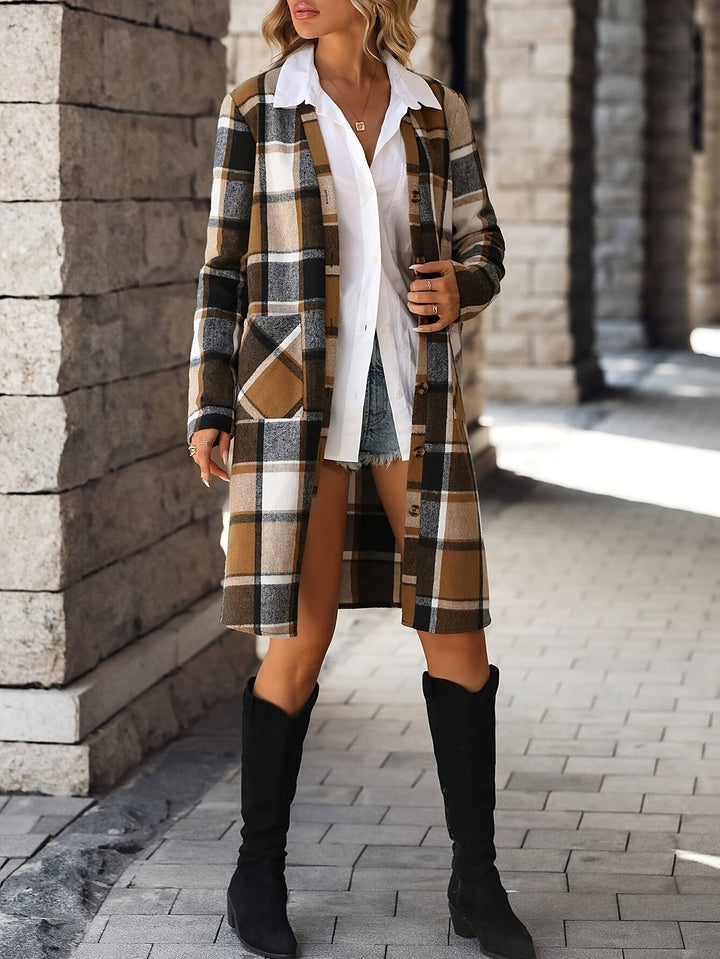 Casual Plaid Trench Coat with Open Front and Versatile Style for Women | Ideal for Autumn