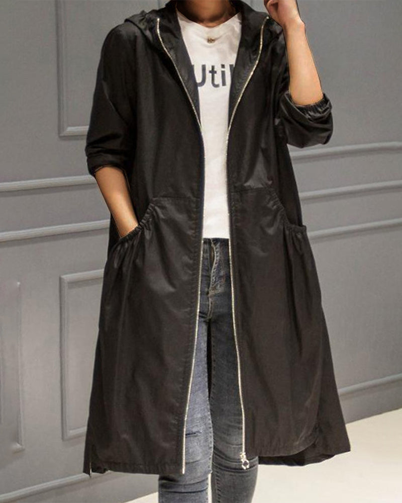 Women's Classic Windbreaker Trench Coat with Hood and Zipper | Ideal for Autumn/Winter