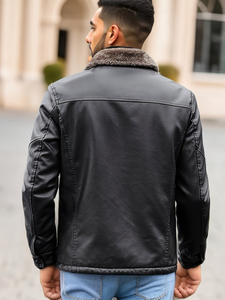 Casual Fleece Lined PU Leather Jacket with Chic Zipper Pocket for Men | Ideal for Winter