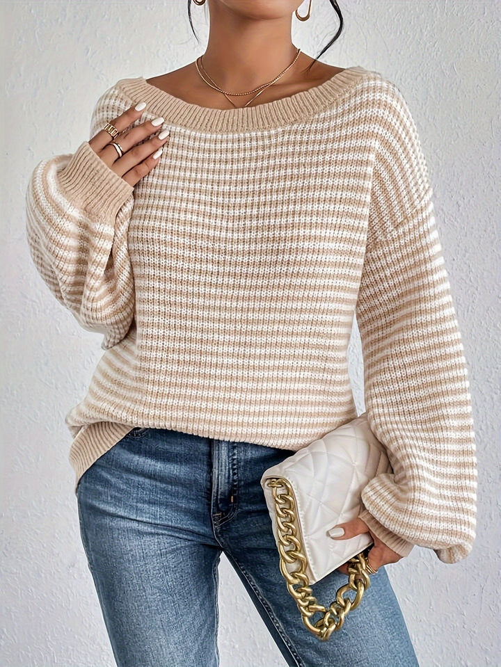 Casual Cotton Striped Off Shoulder Knit Sweater with Stretchy Fabric and Round Neck for Women | Ideal for Autumn