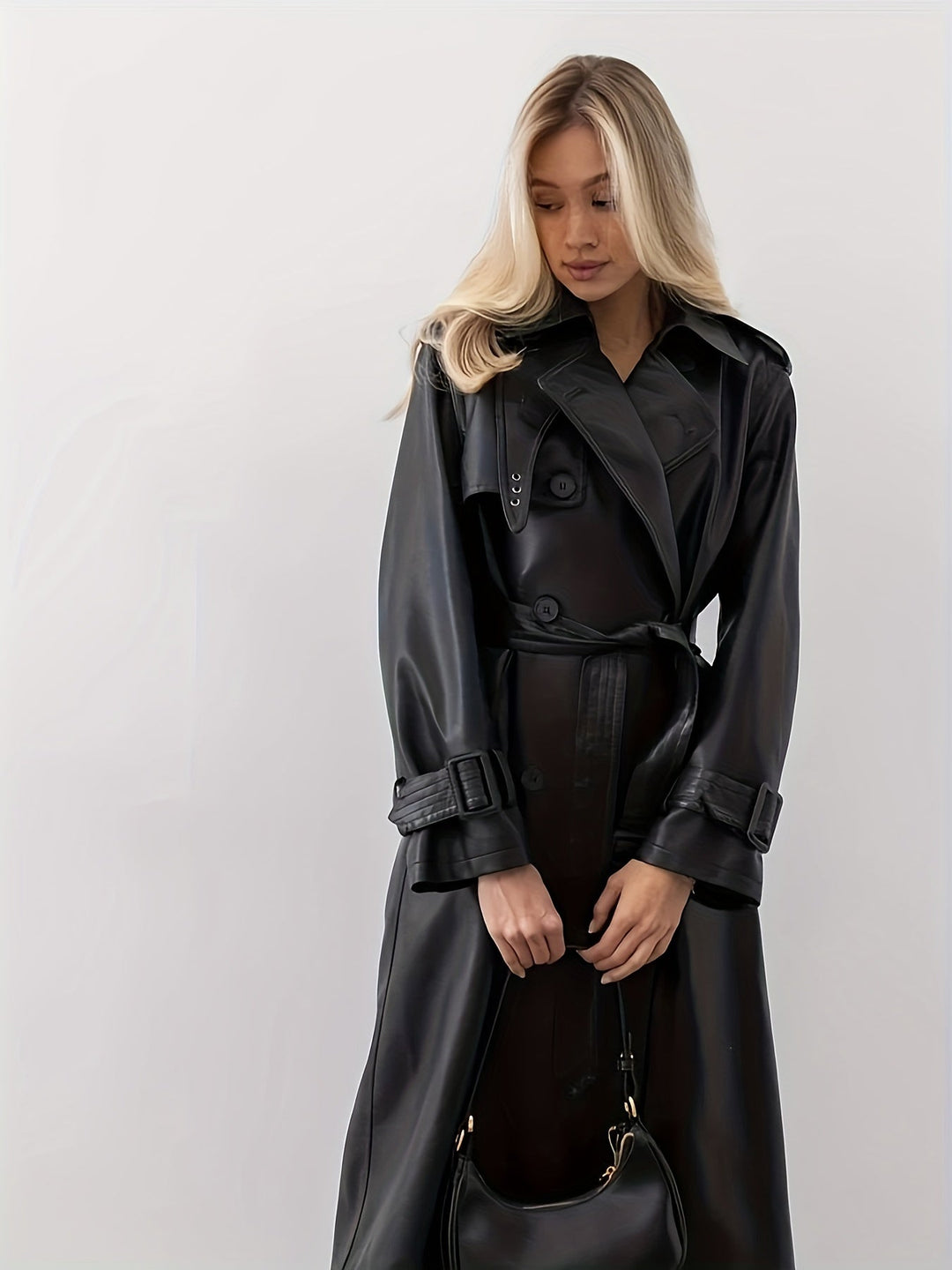 Women's Elegant Black Vegan Leather Trenchcoat | Ideal for Autumn/Winter