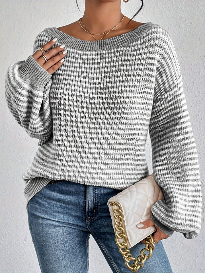 Casual Cotton Striped Off Shoulder Knit Sweater with Stretchy Fabric and Round Neck for Women | Ideal for Autumn