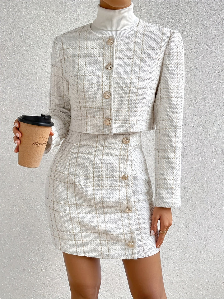 Elegant Plaid Print Tweeted Outfit Set for Women | Ideal for All Seasons