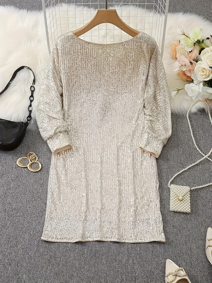 Stylish cotton Apricot Sequin V-Neck Long Sleeve Formal Dress for Women | Ideal for All Seasons