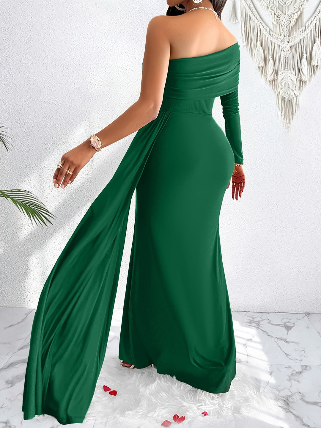 Stylish cotton One Shoulder Asymmetrical Flowy Ruched Maxi Formal Dress for Women | Ideal for Formal Occasions