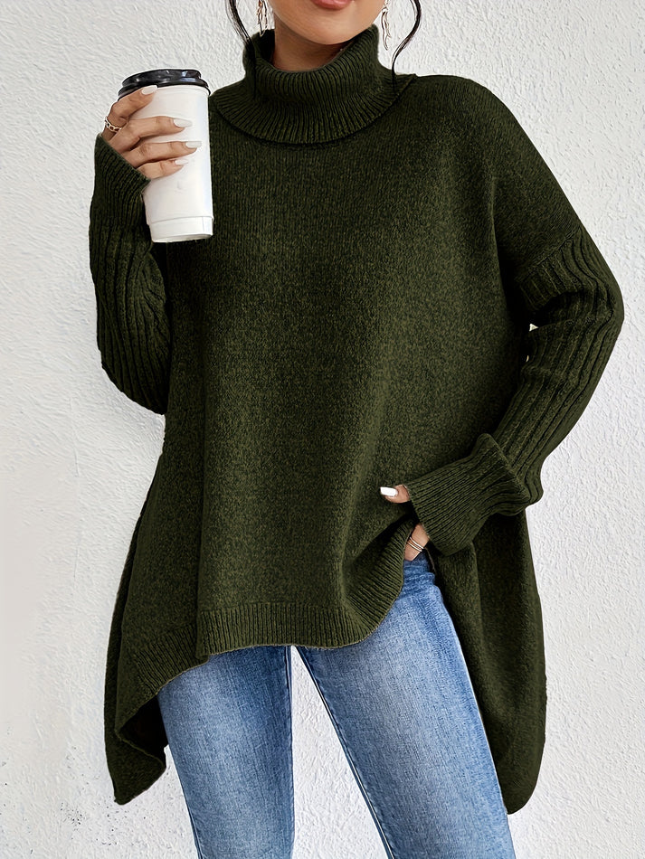 Casual Cotton Asymmetric Hem Turtle Neck Sweater with Long Sleeves for Women | Ideal for Autumn