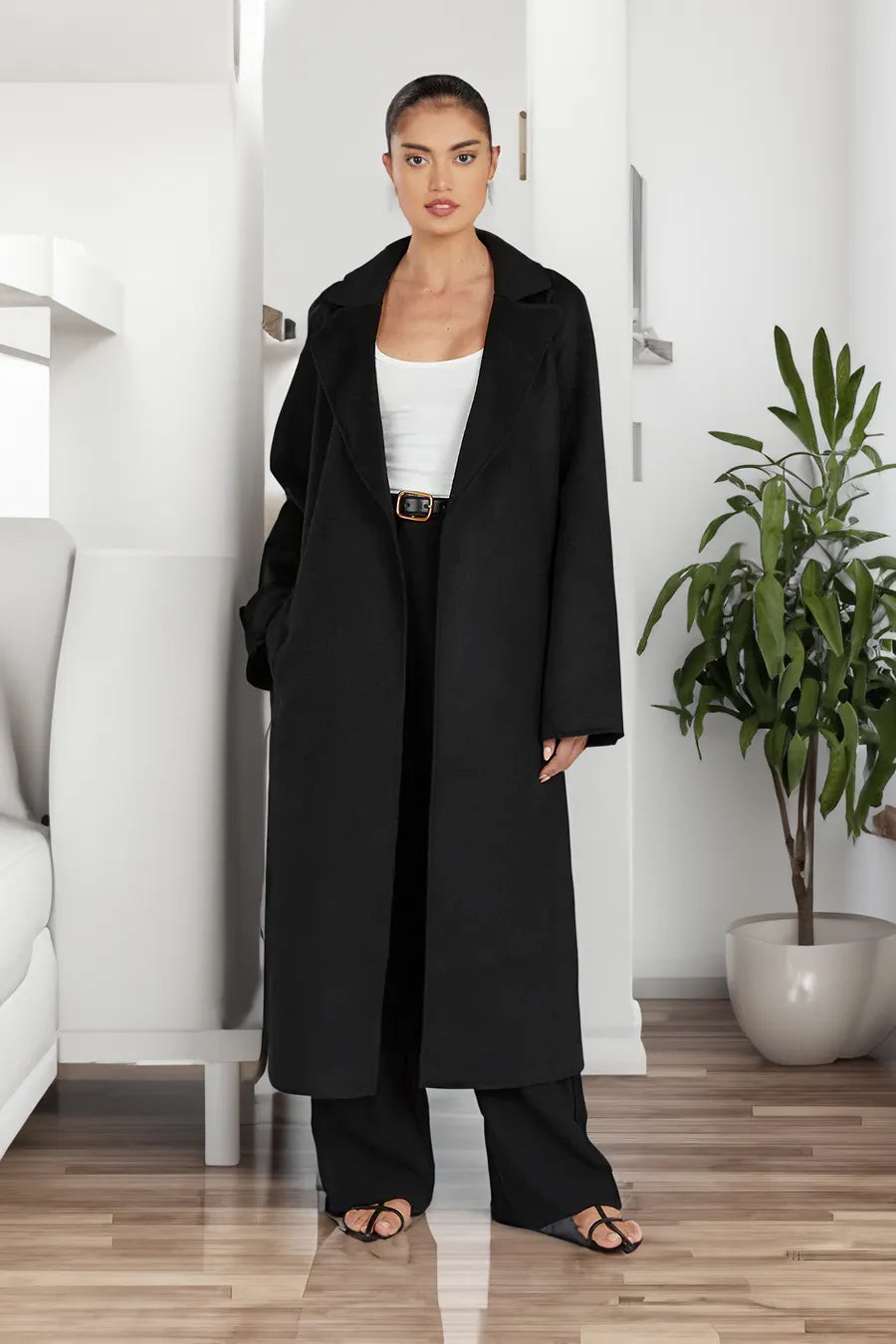 Women's Classic Woolen Long Trench Coat with Turn-Down Collar | Ideal for Autumn/Winter