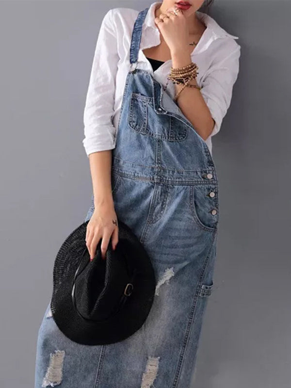 Lizz - Jean Slit Back Dungarees Dress