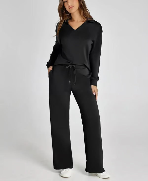 Women's Two-Piece Set V-Neck Sport Sweatshirt and Elastic Waist Wide-Leg Trousers | Ideal for Autumn/Winter