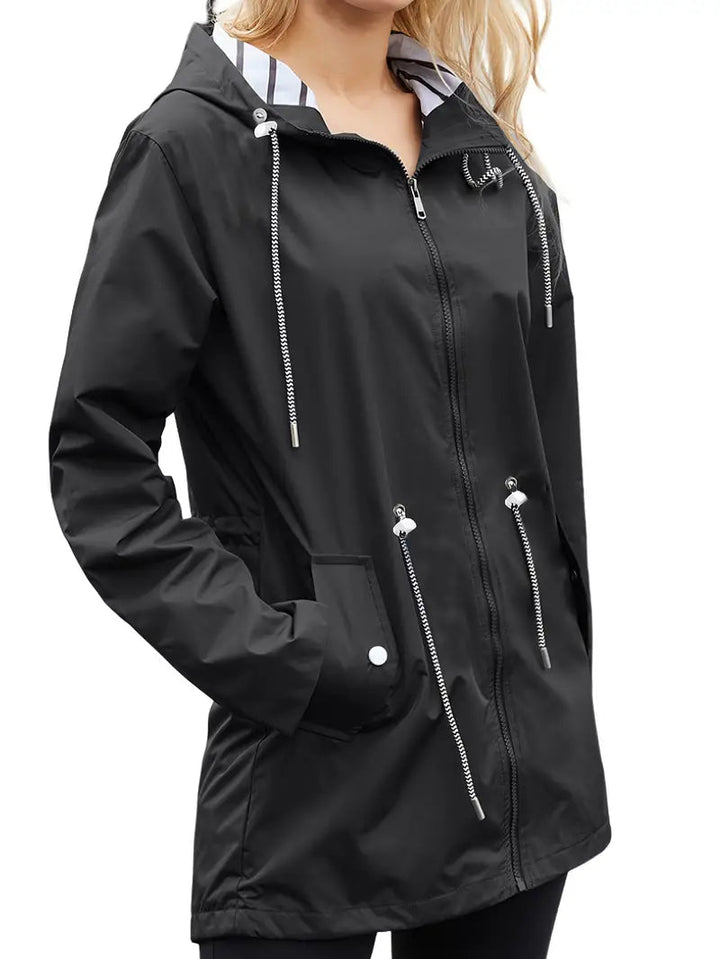 Women's Stylish Waterproof Zip Up Rain Coat with Hood and Drawstring | Ideal for Autumn/Winter