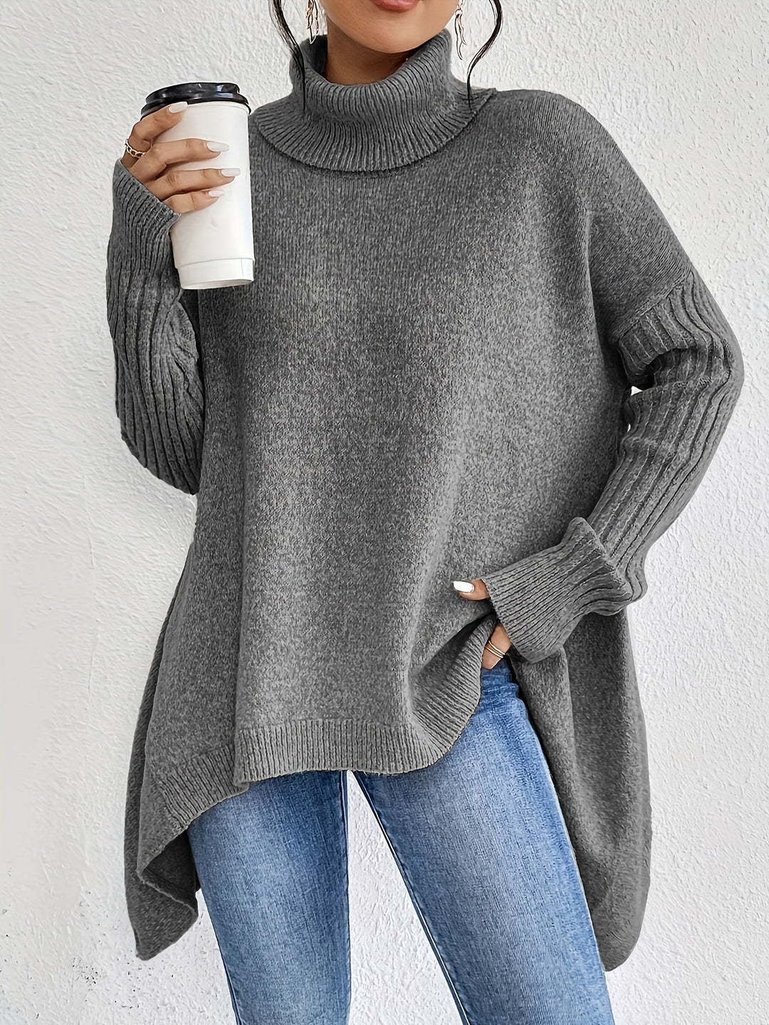 Casual Cotton Asymmetric Hem Turtle Neck Sweater with Long Sleeves for Women | Ideal for Autumn