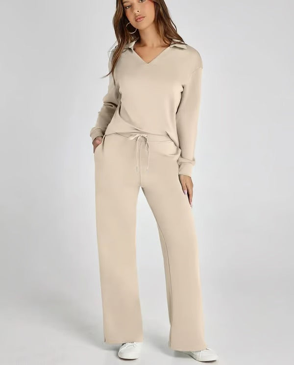 Women's Two-Piece Set V-Neck Sport Sweatshirt and Elastic Waist Wide-Leg Trousers | Ideal for Autumn/Winter