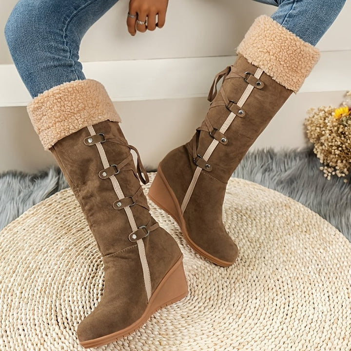 Elegant Knee High Winter Boots with Faux Fur and Sledge Heel for Women | Perfect for Outdoor Activities