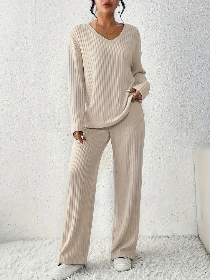 Women's V-Neck Long Sleeve Knit Top & Straight-Leg Pants Set | Ideal for Autumn/Winter